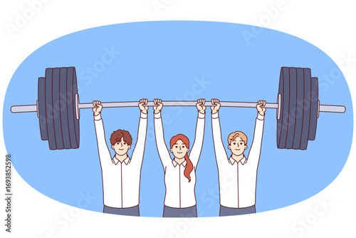 Teamwork of group of business people lifting heavy barbell together to achieve corporate goal. Teamwork of office clerks demonstrating synergy due to well-executed team building in company