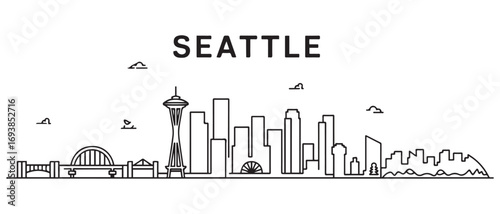 Seattle Line Art skyline horizontal banner. Los Angeles, California. Vector template for your design. with white background