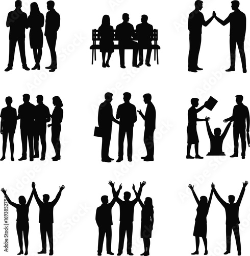 Celebration silhouettes, teamwork icons, social interaction, people together, high five, handshake, diploma moment, vector design, black illustration, group activity