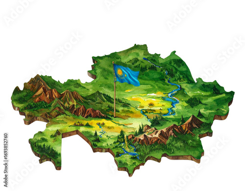 Highly Detailed Kazakhstan Map Watercolor  Style with National Flag PNG.