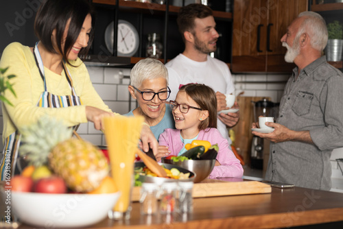 Family, kitchen or cook, healthy dinner in happy house.