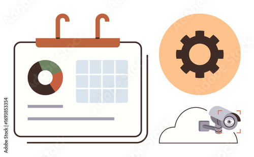 Calendar with analytics chart, cogwheel for workflow, security camera on cloud. Ideal for data analysis, task management, surveillance, cybersecurity, automation, cloud technology simple flat