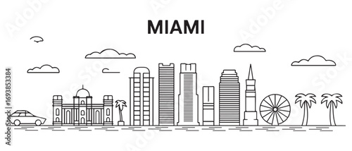 Miami Line Art skyline. Travel Miami famous landmarks. Business and tourism concept for presentation, banner, web site. with white background