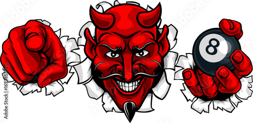 A devil man holding billiards pool 8 black ball, breaking through the background and pointing sports team mascot illustration.