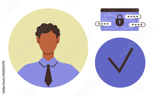 Formal avatar in tie, locked password bar with circuits, blue checkmark symbol. Ideal for security, data protection, account setup, identity confirmation, privacy, authentication digital trust
