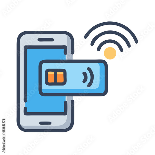 Contactless payment using mobile device and credit card in a flat design style
