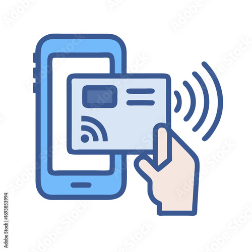 Mobile payment illustration showing contactless credit card transaction with a smartphone and human hand