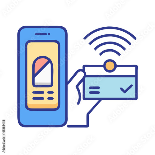 Contactless Payment via NFC with Mobile Phone and Credit Card in Flat Design Style