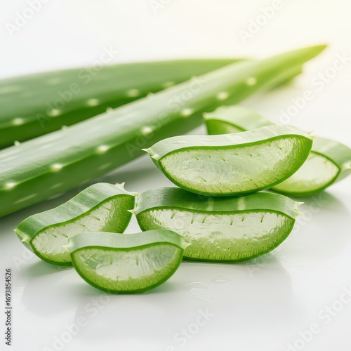 Wallpaper Mural Close-up of juicy aloe vera slices with translucent gel, arranged on a white surface for skincare, health, and wellness themes. Torontodigital.ca