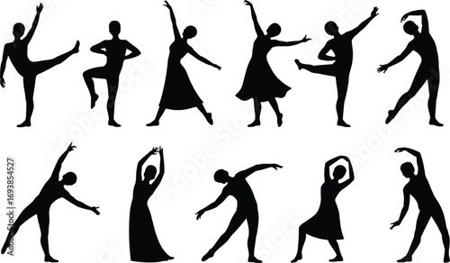 Dance silhouettes, black figures, expressive poses, artistic movement, graceful dancers, body language, choreography icons, performance art, elegant motion, creative style