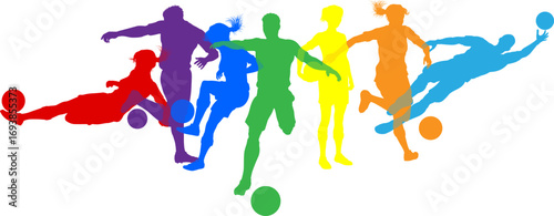 Soccer football player male and female colorful silhouette outlines men and women group