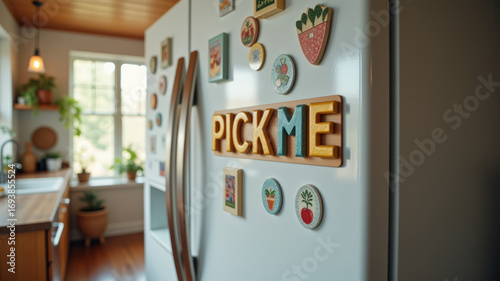 PICK ME made of fridge magnets in bright cozy kitchen setting