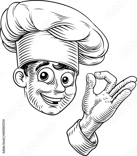 Vintage woodcut style illustration of a smiling chef, baker or cook. Great for menus, culinary branding, kitchen decor, or restaurant bakery marketing with a classic traditional and positive vibe.