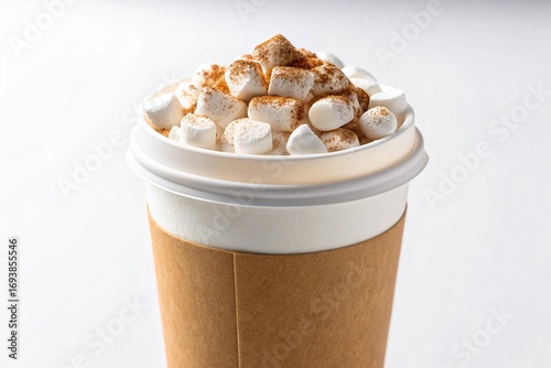 Delicious hot chocolate topped with marshmallows and whipped cream in a to go cup