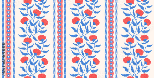elegant  cobalt  blue and red  on cream climbing wildflowers seamless pattern, hand drawn vector illustration floral stripes repeat design print