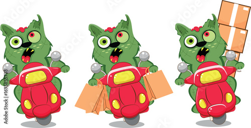 Set of Halloween courier characters who deliver goods in boxes and packages on a moped in the form of zombies. For festive Halloween designs