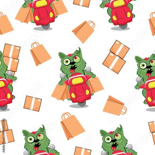 pattern with a set of Halloween courier characters who deliver goods in boxes and packages on a moped in the form of zombies. For festive Halloween designs