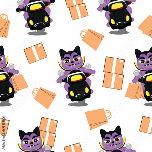 pattern with a set of Halloween characters of couriers who deliver goods in boxes and packages on a moped in the image of Dracula. For festive Halloween designs