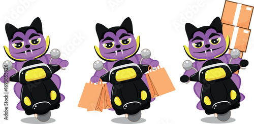 Set of Halloween courier characters who deliver goods in boxes and packages on a moped in the image of Dracula. For festive Halloween designs