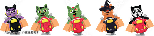 Set of Halloween courier characters delivering paper bags with goods on a moped. Cats in Halloween costumes of Frankenstein, witch, zombie, Dracula and in a scream mask. For festive Halloween designs