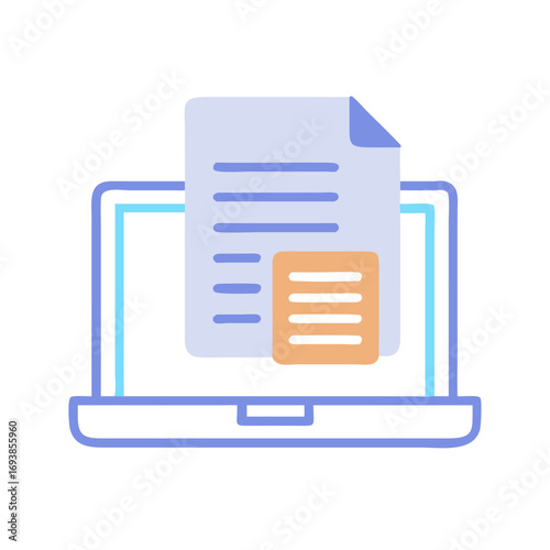 Digital document management: Computer with documents icon for information processing and management