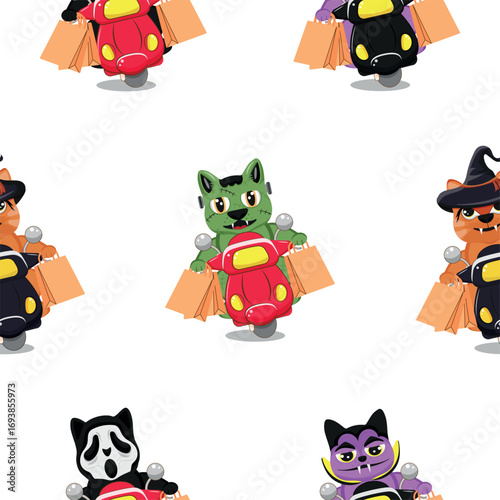 pattern with a set of Halloween characters of couriers who deliver paper bags with goods on a moped. Cats in Halloween images of Frankenstein, witch, zombie, Dracula and in a scream mask. For festive