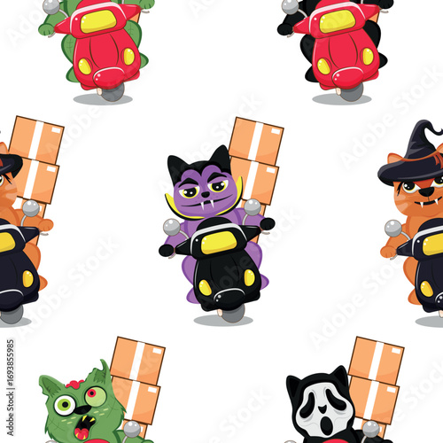 Pattern with Set of Halloween courier characters who deliver boxes of goods on a moped. Cats in Halloween images of Frankenstein, witch, zombie, Dracula and in a scream mask. For festive Halloween des