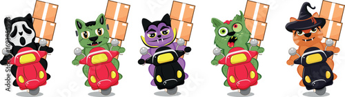 Set of Halloween characters of couriers who deliver boxes of goods on a moped. Cats in Halloween images of Frankenstein, witch, zombie, Dracula and in a scream mask. For festive Halloween designs