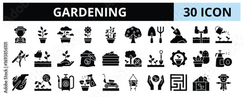 30 Gardening Glyph Icons Vector - Soil, Watering, Garden Pest, Greenhouse, Scarecrow, Sprayer, Pot, Horticulture, Flower Plant