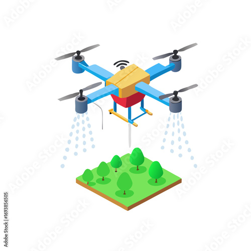 Isometric drone spraying trees in orchard, agricultural technology concept for farming and growth