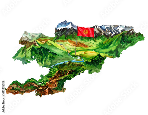 Highly Detailed Kyrgyzstan Map Watercolor  Style with National Flag PNG