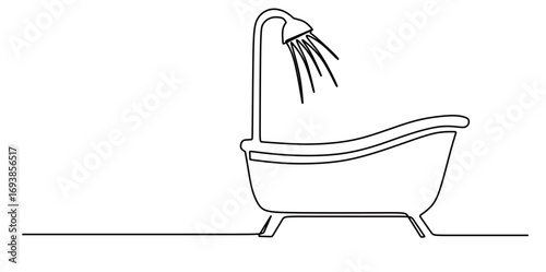 Continuous line art of a bathtub and shower with water coming out of it with a transparent background. Vector illustration