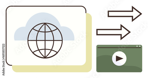 Globe within a cloud, files symbolizing data sharing, arrows for transfer, and a green media player. Ideal for technology, communication, internet, media, data transfer cloud storage streaming
