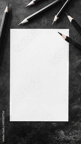 Blank white paper surrounded by black pencils on a dark textured surface