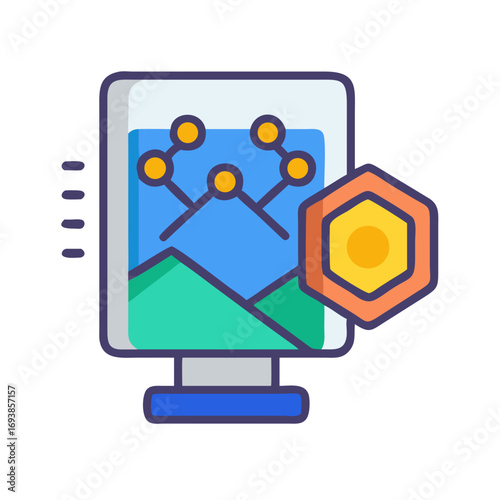 Data visualization on a digital display with a hexagonal structure overlay graphic