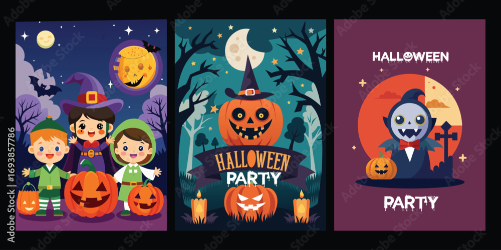 Fototapeta premium Three Halloween themed illustrations with children pumpkins and a vampire