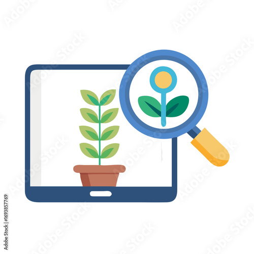 Online Plant Research Concept: Close-up of plant and flower with magnifying glass