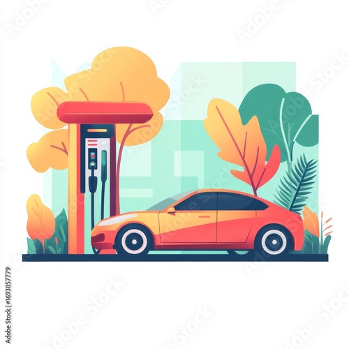 Electric Car Charging at a Station Amidst Urban Greenery