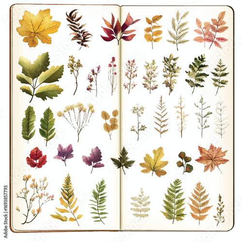 Autumnal botanical collection in a sketchbook featuring various leaves and plants in vibrant fall colors.