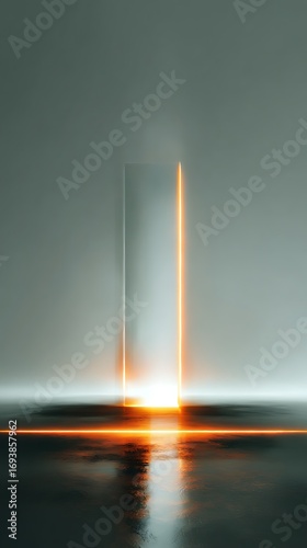 A mysterious glowing portal casting a luminous orange reflection in an abstract, futuristic sci-fi environment