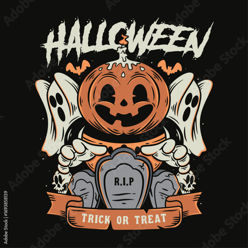 Cartoon illustration of halloween pumpkin, ghost, and tombstones, suitable for graphic t-shirts, or poster event.