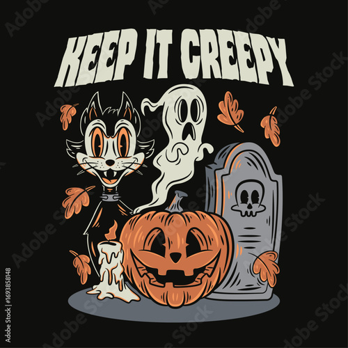 Cartoon illustration of halloween pumpkin, ghost, black cat, and tombstones, suitable for graphic t-shirts, or poster event.