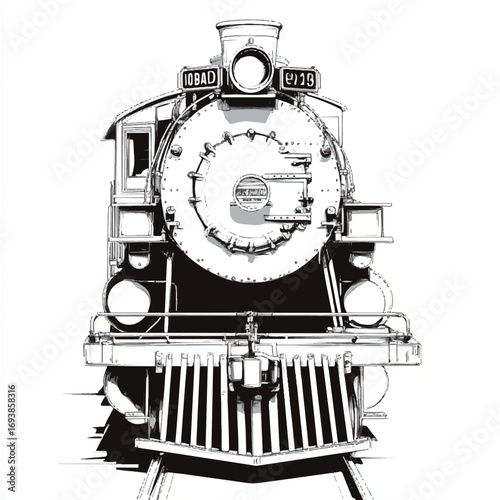 Black and white illustration of a vintage steam locomotive.
