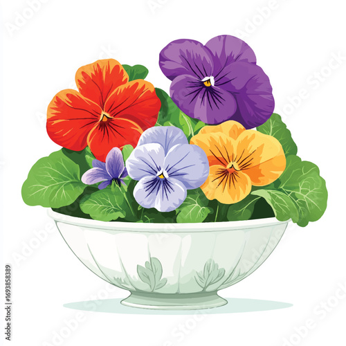 Bowl of Colorful Pansies Floral Arrangement.