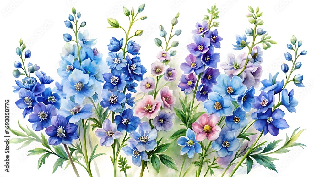 Fototapeta premium Watercolor painting of delphinium flowers isolated on white background