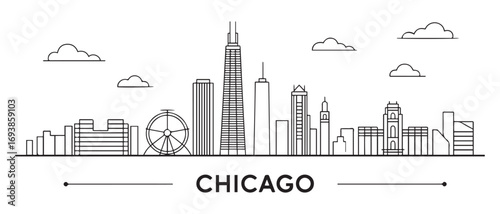 Chicago Line Art skyline. Travel Chicago famous landmarks. Business and tourism concept for presentation, banner, web site. with white background