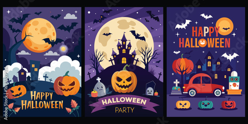 Halloween night scenes with pumpkins bats and haunted houses