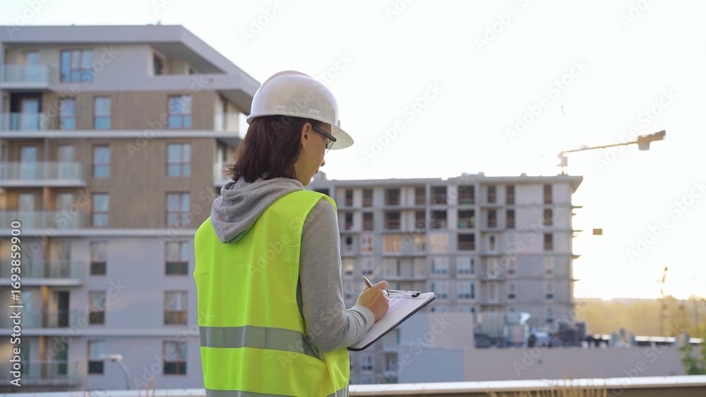 Woman engineer with a hard hat and safety vest is writing on a clipboard while inspecting a construction site at sunset Woman engineer with a hard hat and safety vest is writing on a clipboard while inspecting a construction site at sunset