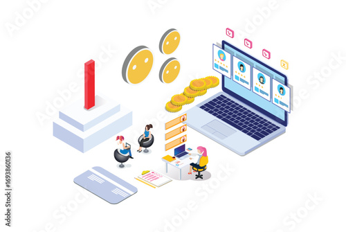 Modern Isometric Hiring and recruitment concept with characters. Can use for web banner, infographics, hero images. Flat isometric vector illustration isolated on white background.