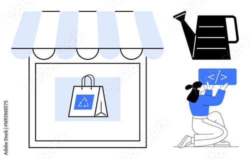 Shopfront with eco-themed shopping bag, coding woman holding panels, and watering can. Ideal for e-commerce, sustainability, technology, coding, eco-friendly themes, design inspiration simple